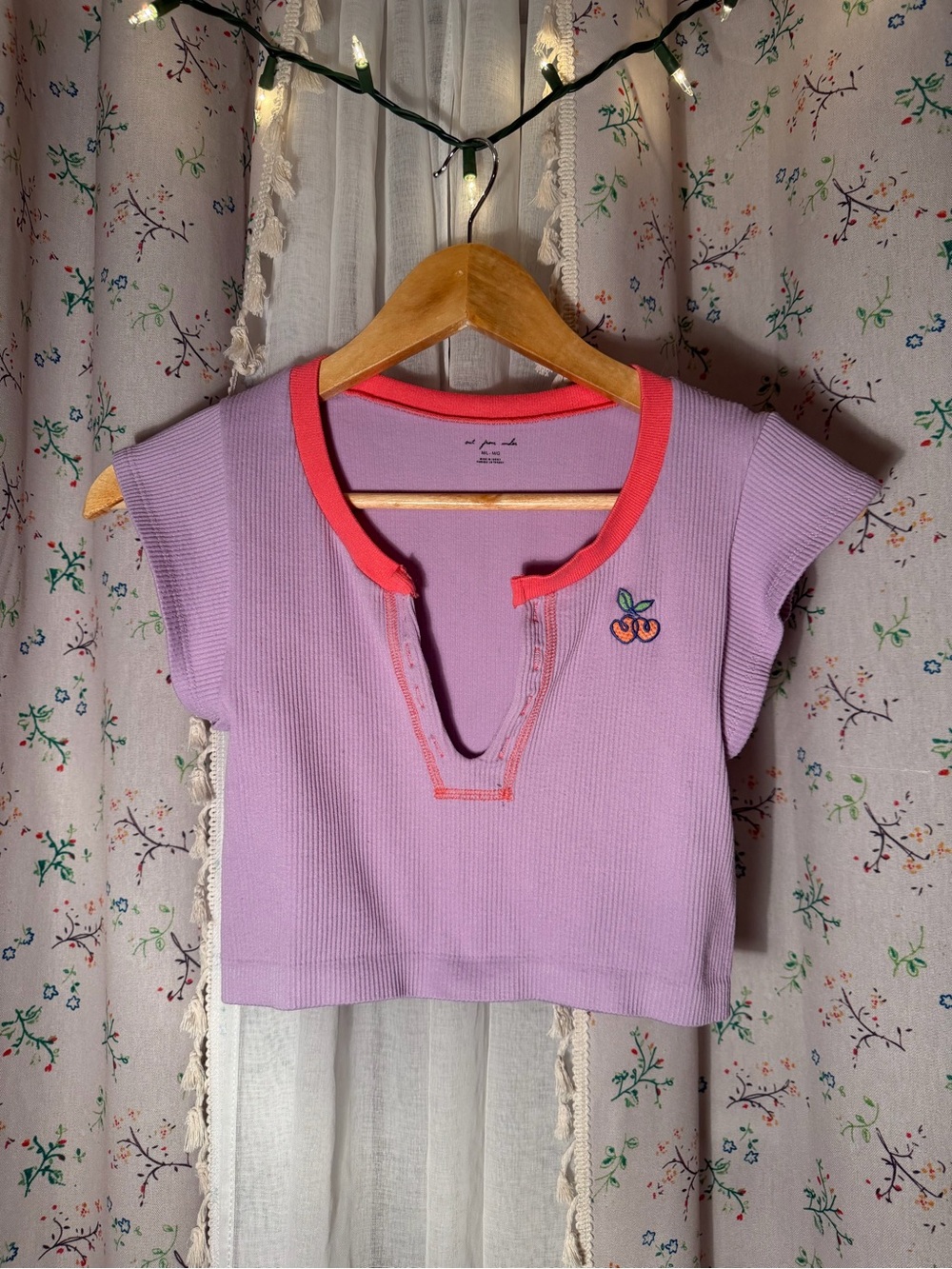 Urban Outfitters Lavender Ribbed Tee with Pink Trim and Cherry Patch